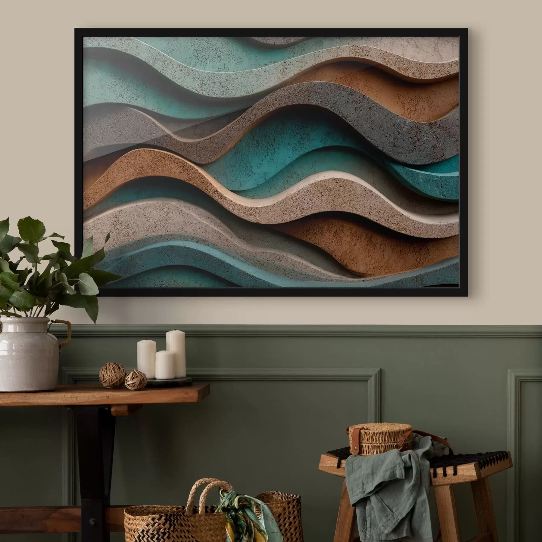 Fotobehang Abstracte golvende lagen in blauwgroene en terracottatinten f48797