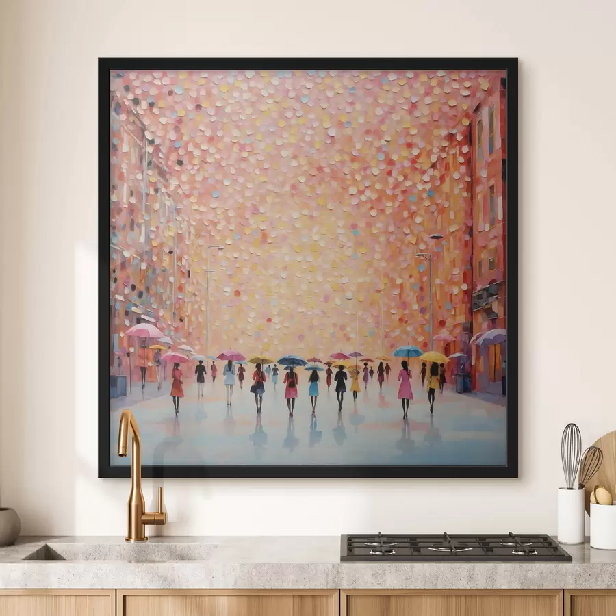 Fotobehang Impressionistisch stadsgezicht met paraplu’s en weerspiegelingen f48803