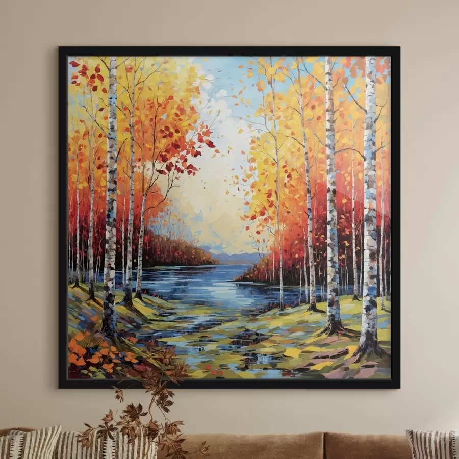 Fotobehang Impressionistisch herfstlandschap met berkenbos en rivier f48809
