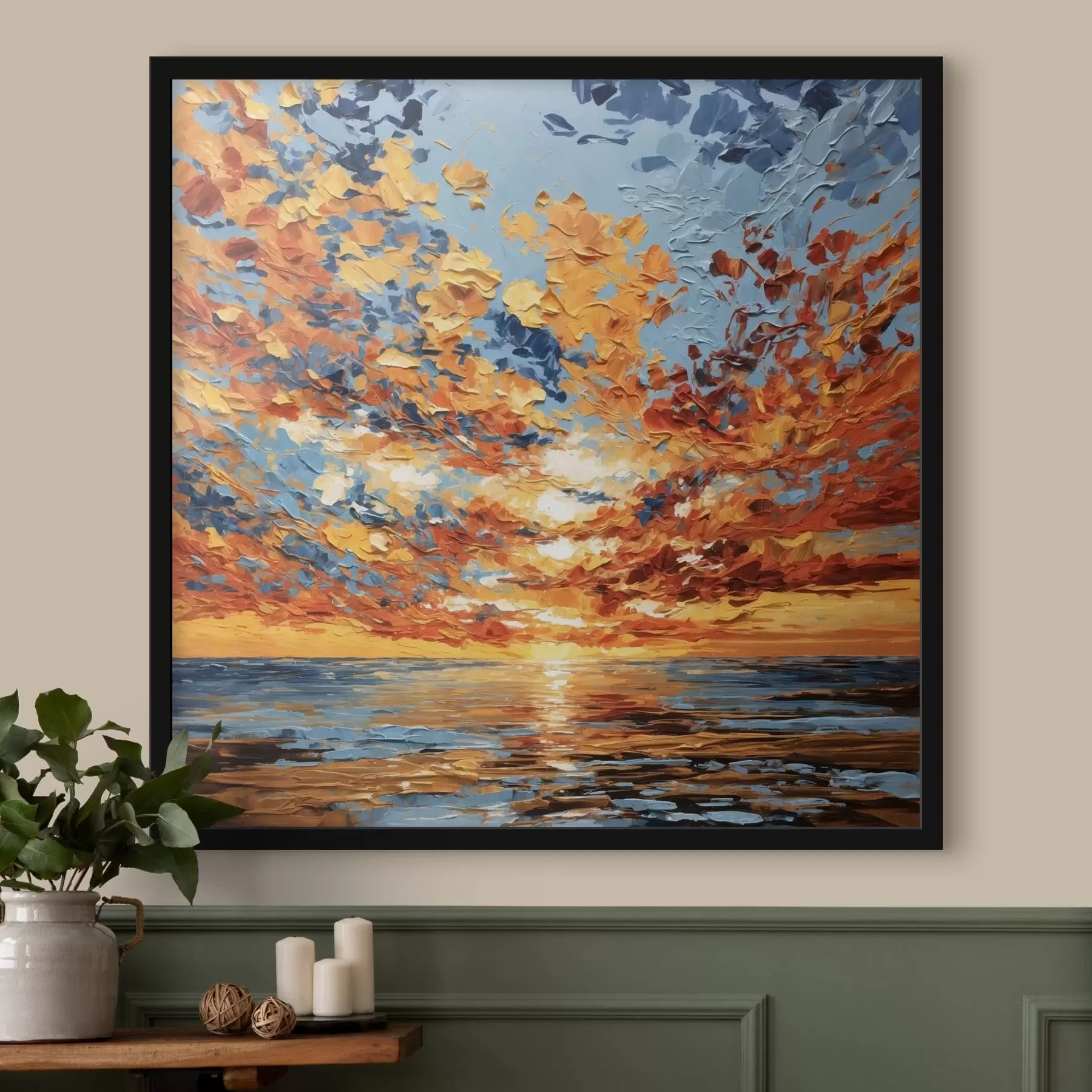 Fotobehang Een dramatische zonsondergang boven zee in impasto-stijl f48810