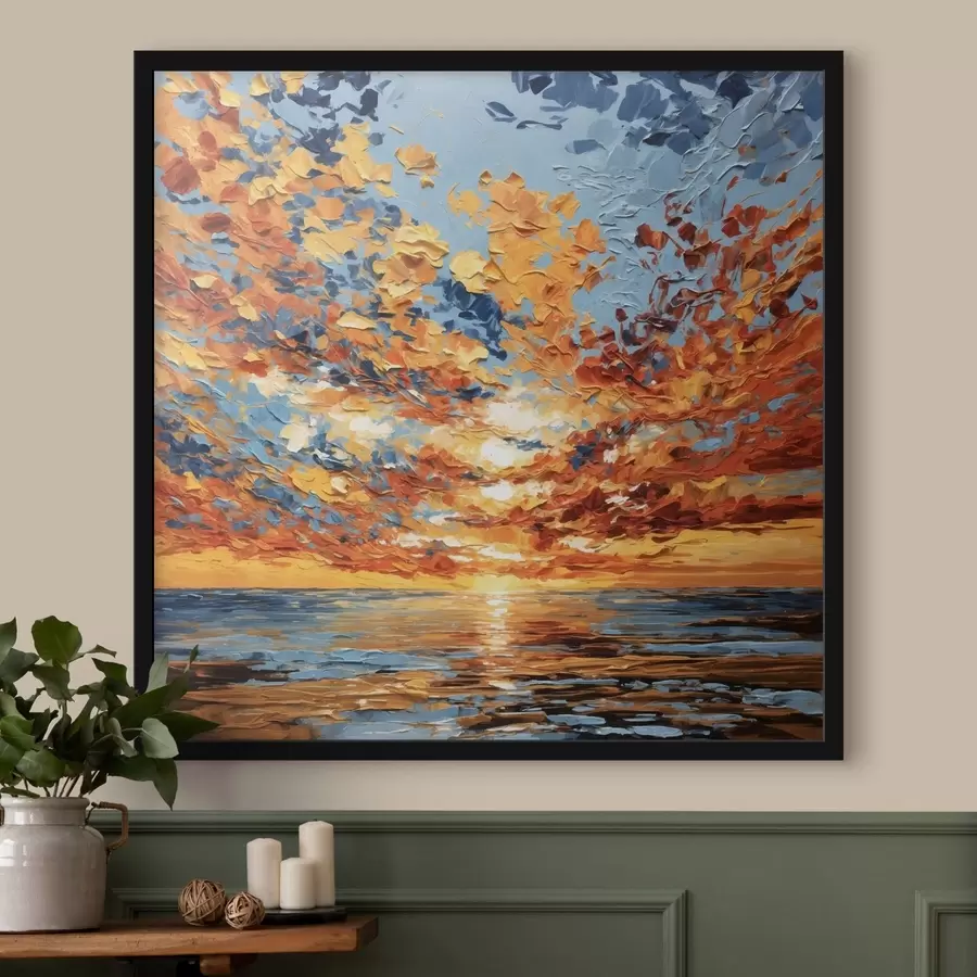 Papier peint photo Coucher de soleil spectaculaire sur la mer, dans le style impasto f48810