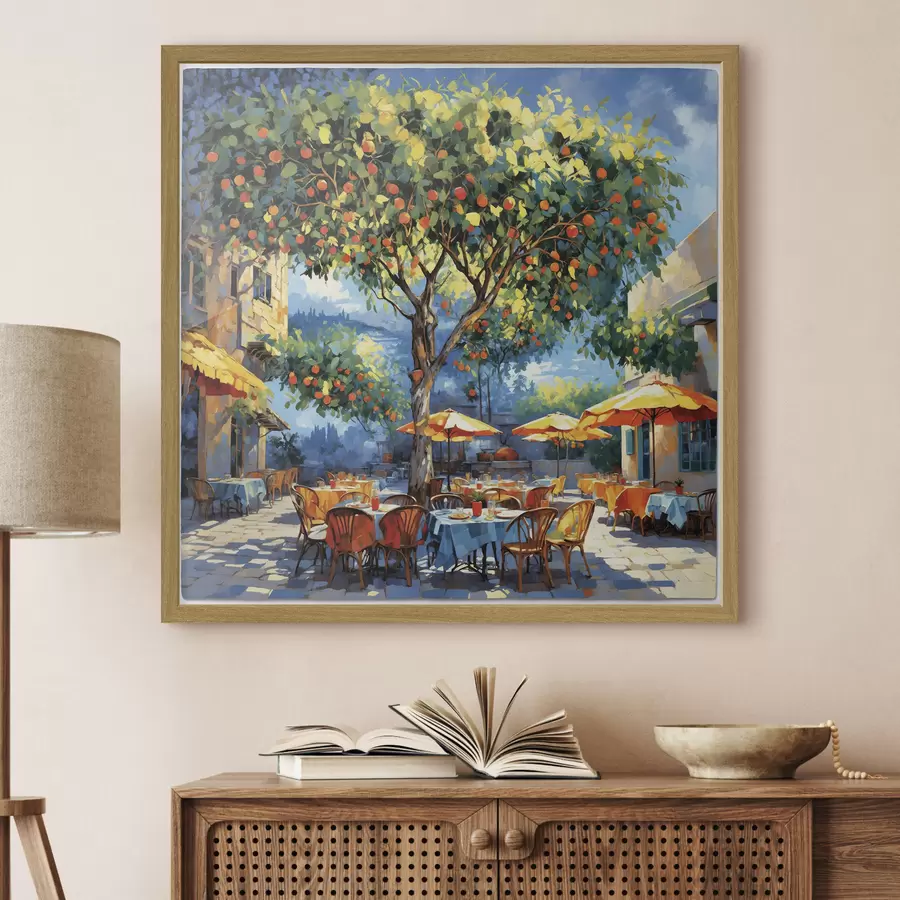 Papier peint photo Cour d'un café de style impressionniste avec un arbre et des parasols f48811