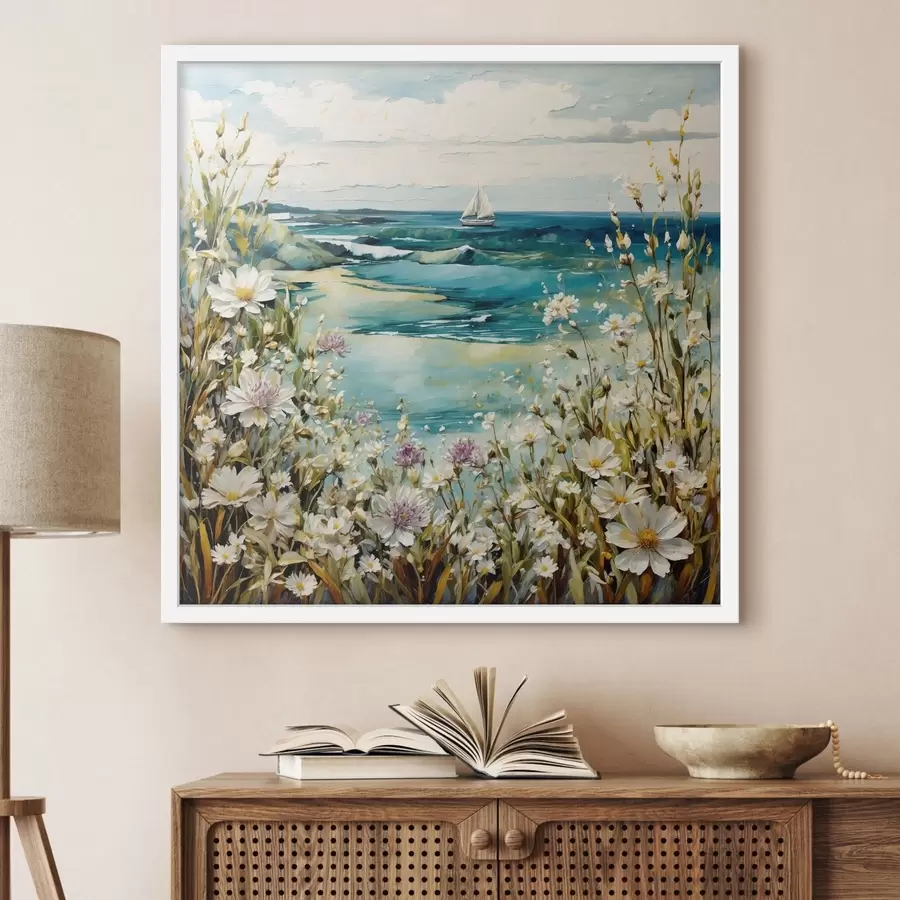 Fotobehang Impressionistisch strandtafereel met zeilboot en bloemen f48813