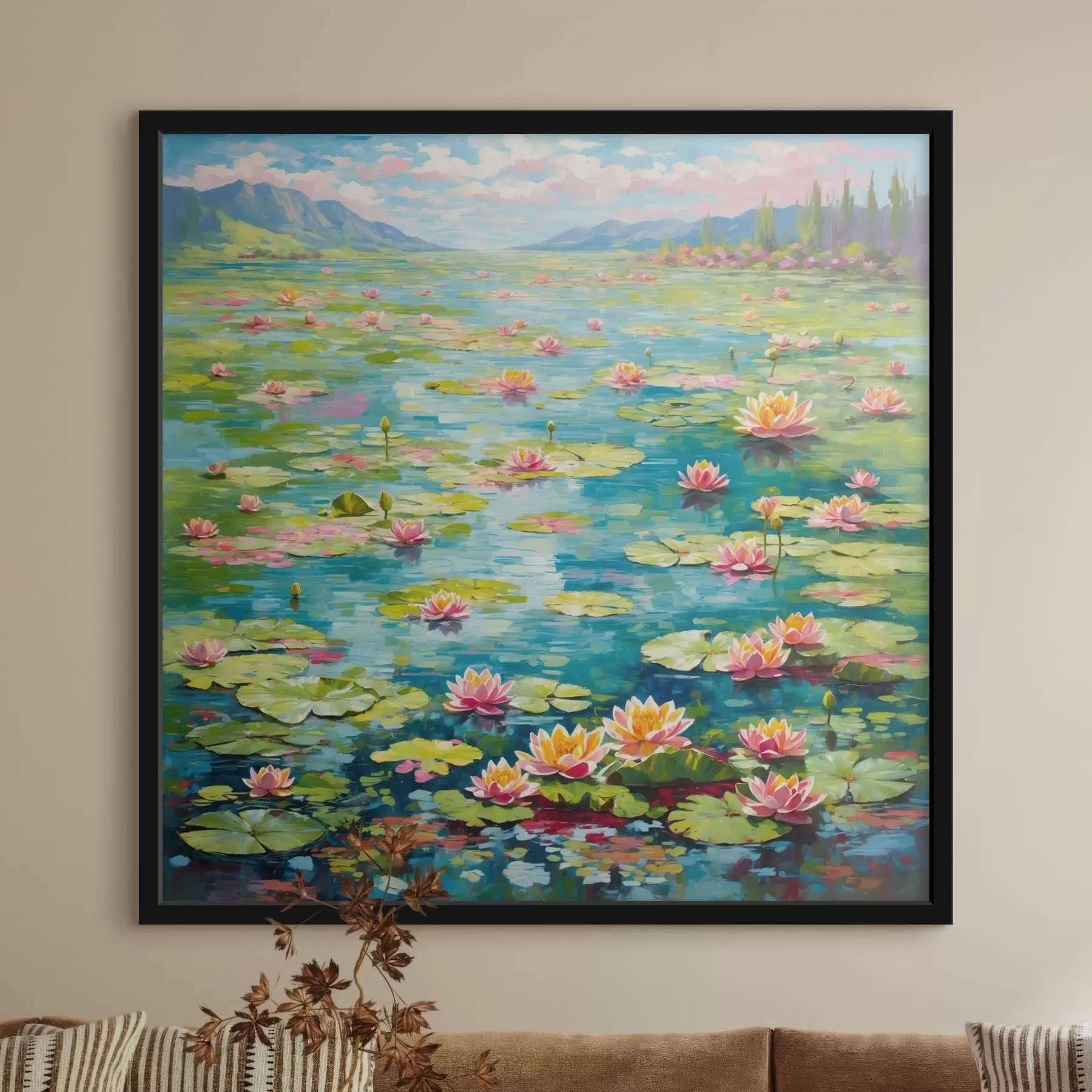 Papier peint photo Impressionnisme : l'étang aux nénuphars avec des montagnes au loin f48820