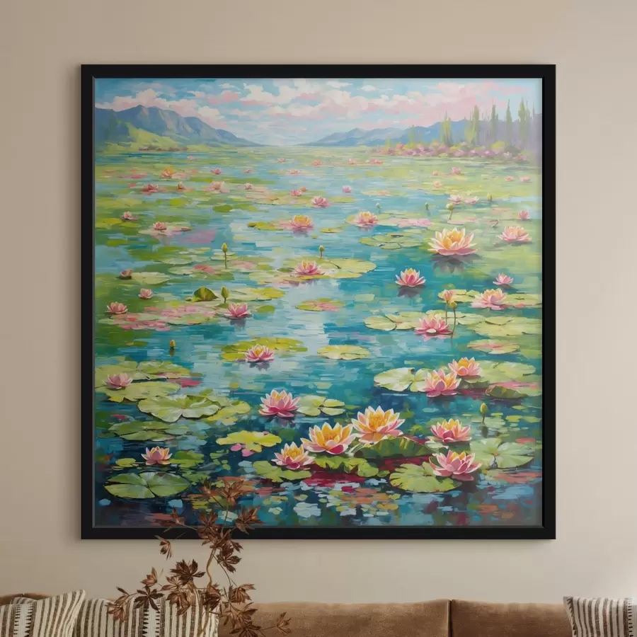 Papier peint photo Impressionnisme : l'étang aux nénuphars avec des montagnes au loin f48820