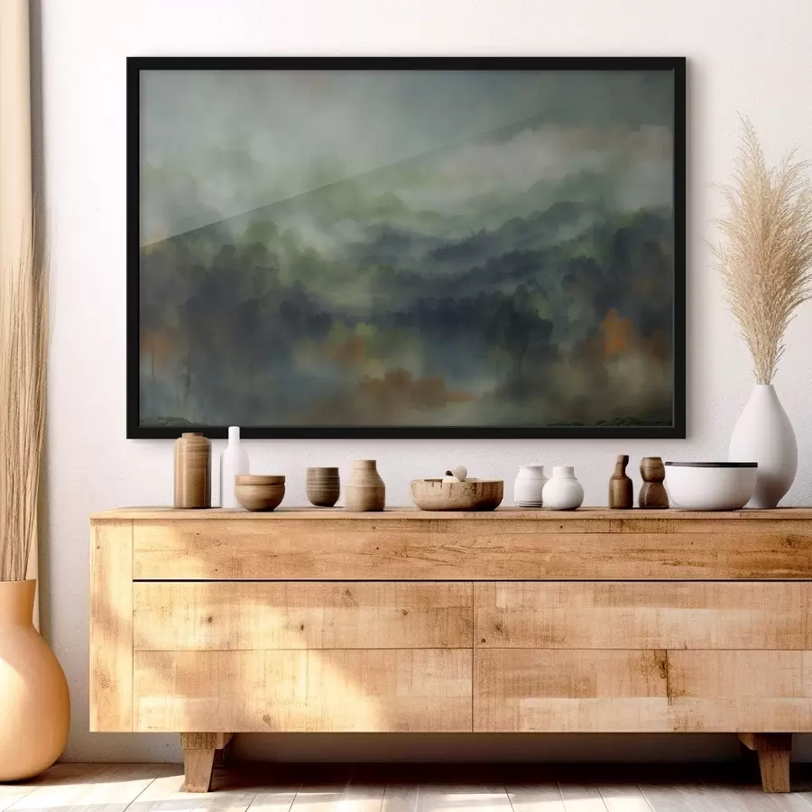 Fotobehang Sfeervol, mistig boslandschap in groene tinten f48821