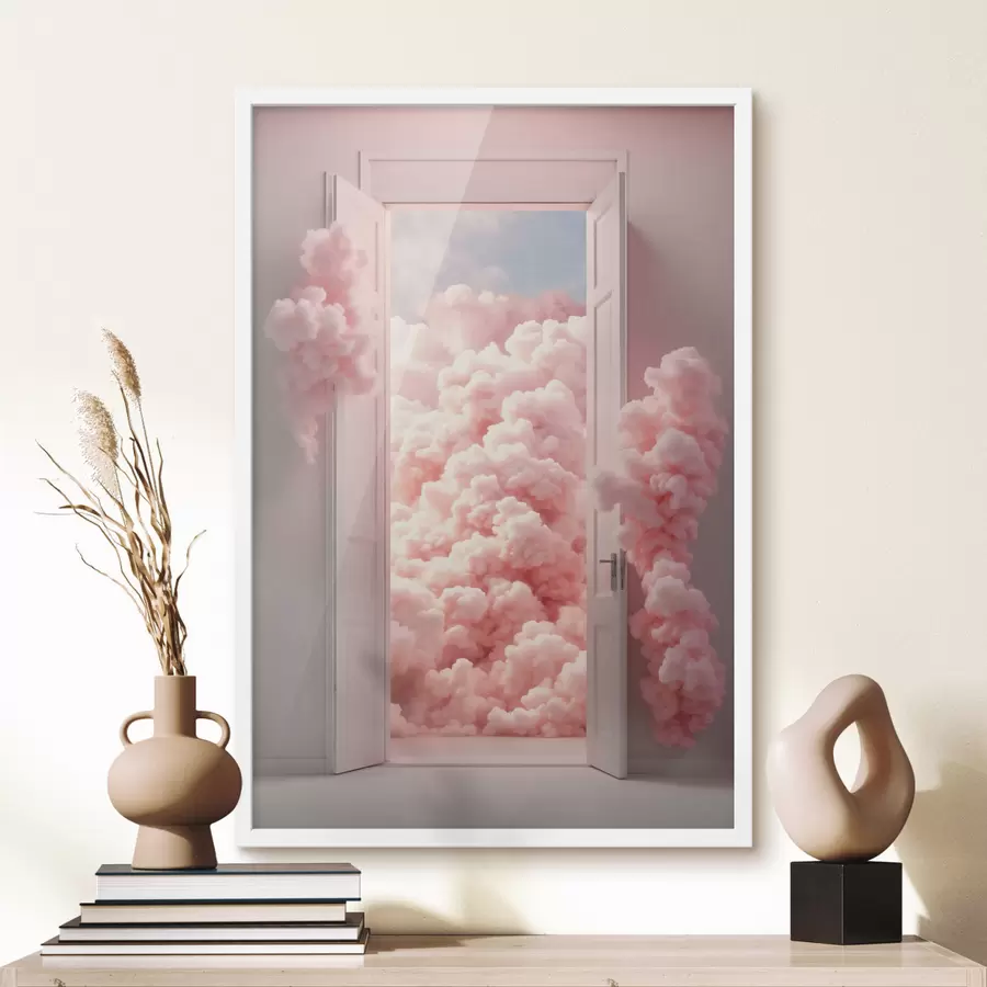 Fotobehang Surrealistische deur met roze wolken binnenin f48823