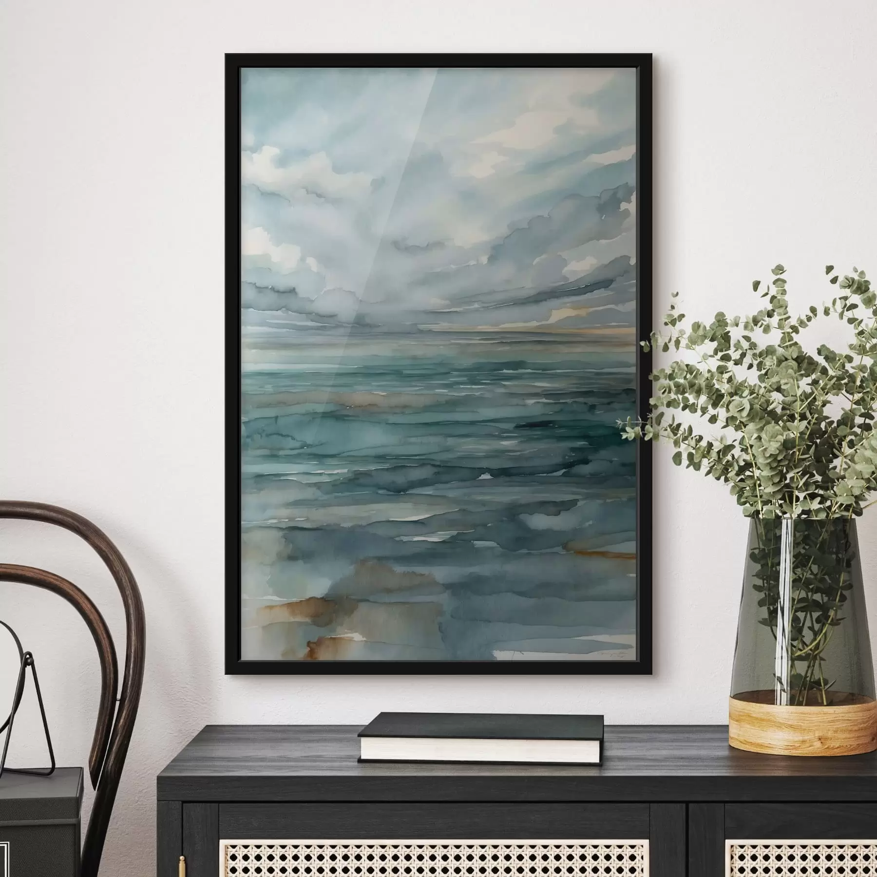 Fotobehang Aquarel van een kalme zee onder een bewolkte hemel f48824