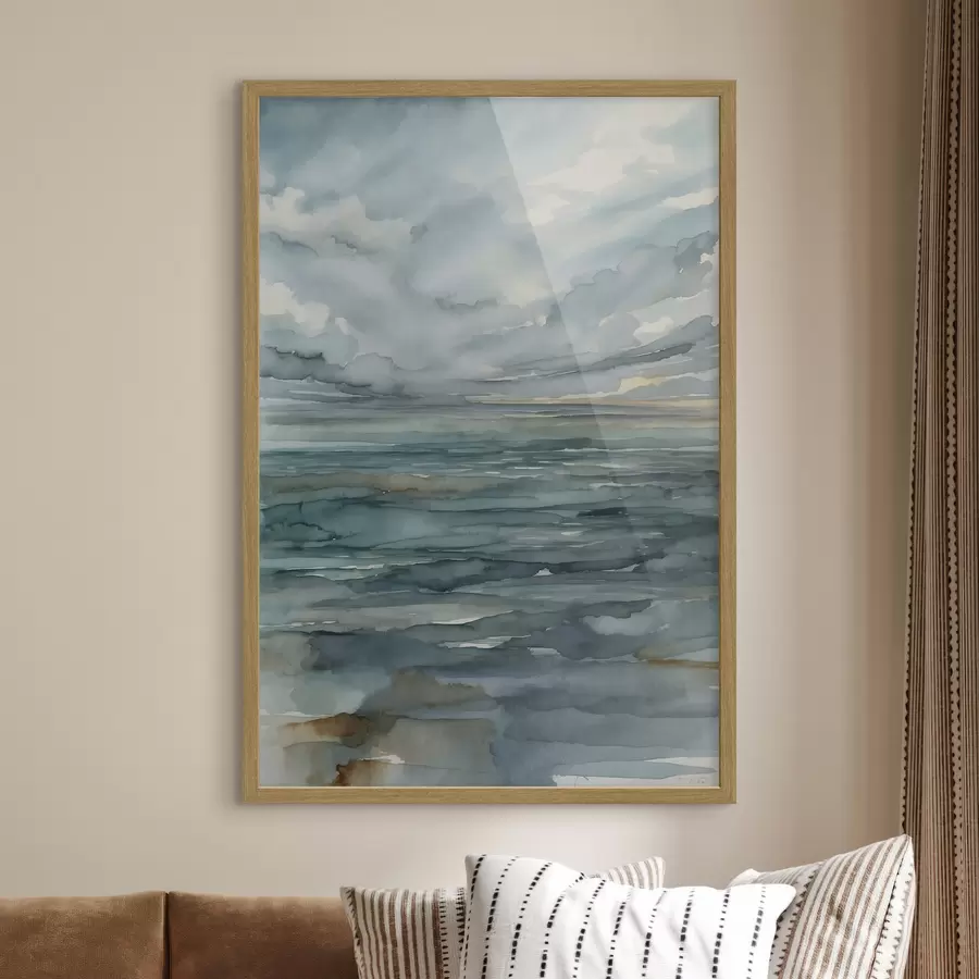 Papier peint photo Aquarelle représentant une mer calme sous un ciel nuageux f48824