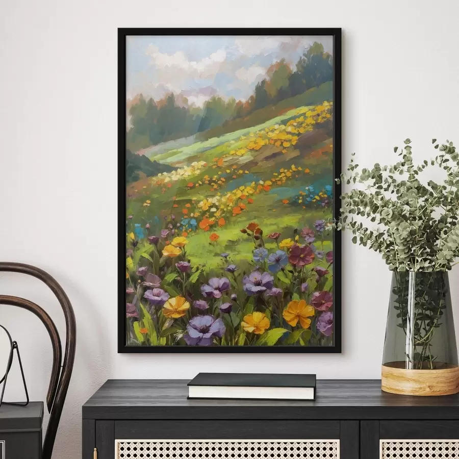 Fotobehang Impressionistische heuvel in bloei met wilde bloemen f48827