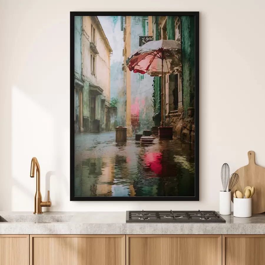 Fotobehang Realistische afbeelding van een regenachtige straat met een paraplu en weerspiegelingen f48829