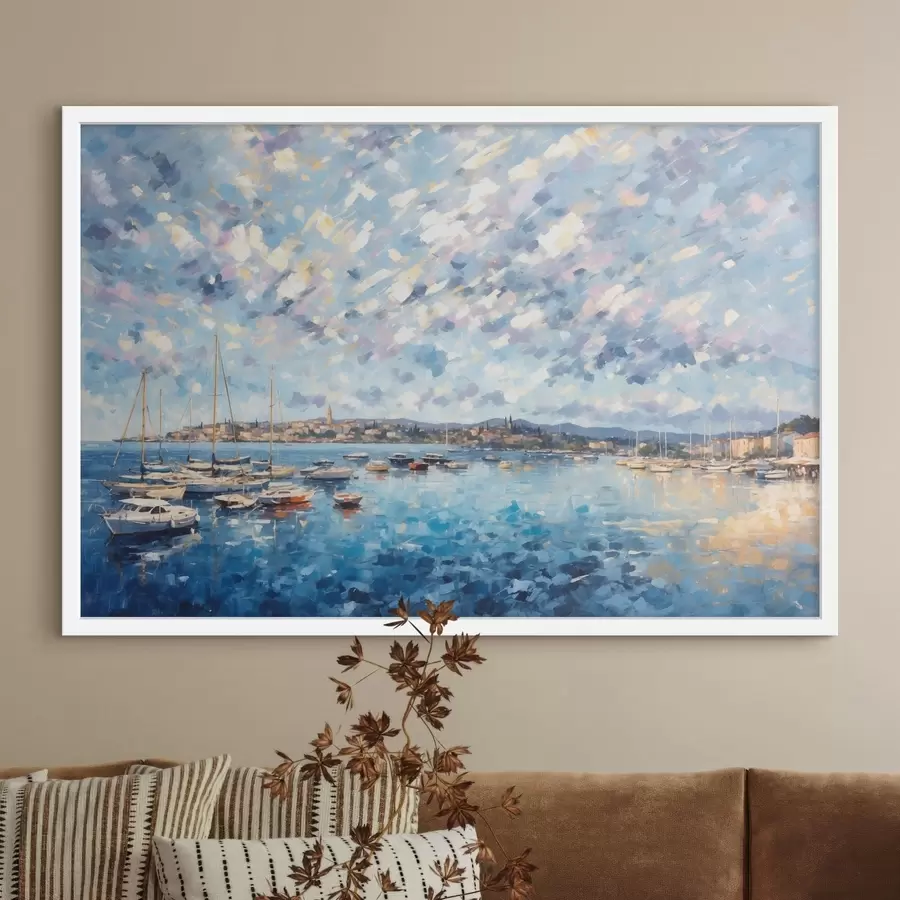 Fotobehang Impressionistisch schilderij van een haven met boten en een stad f48831