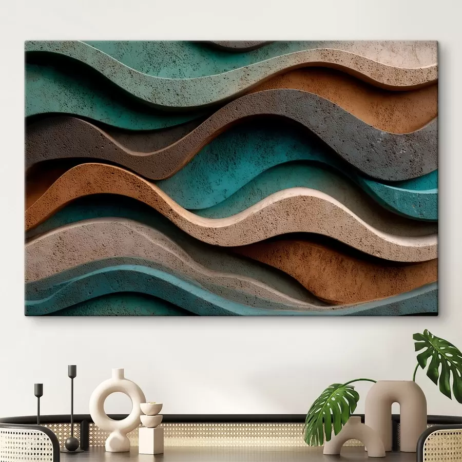  Peintures Motifs abstraits ondulés dans des tons bleu sarcelle et terre cuite s48797