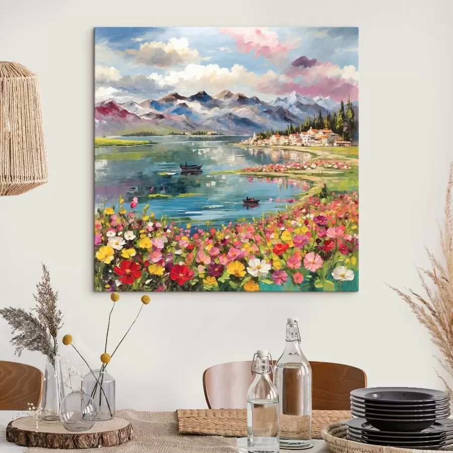  Peintures Lac de montagne de style impressionniste avec des bateaux et des fleurs s48806