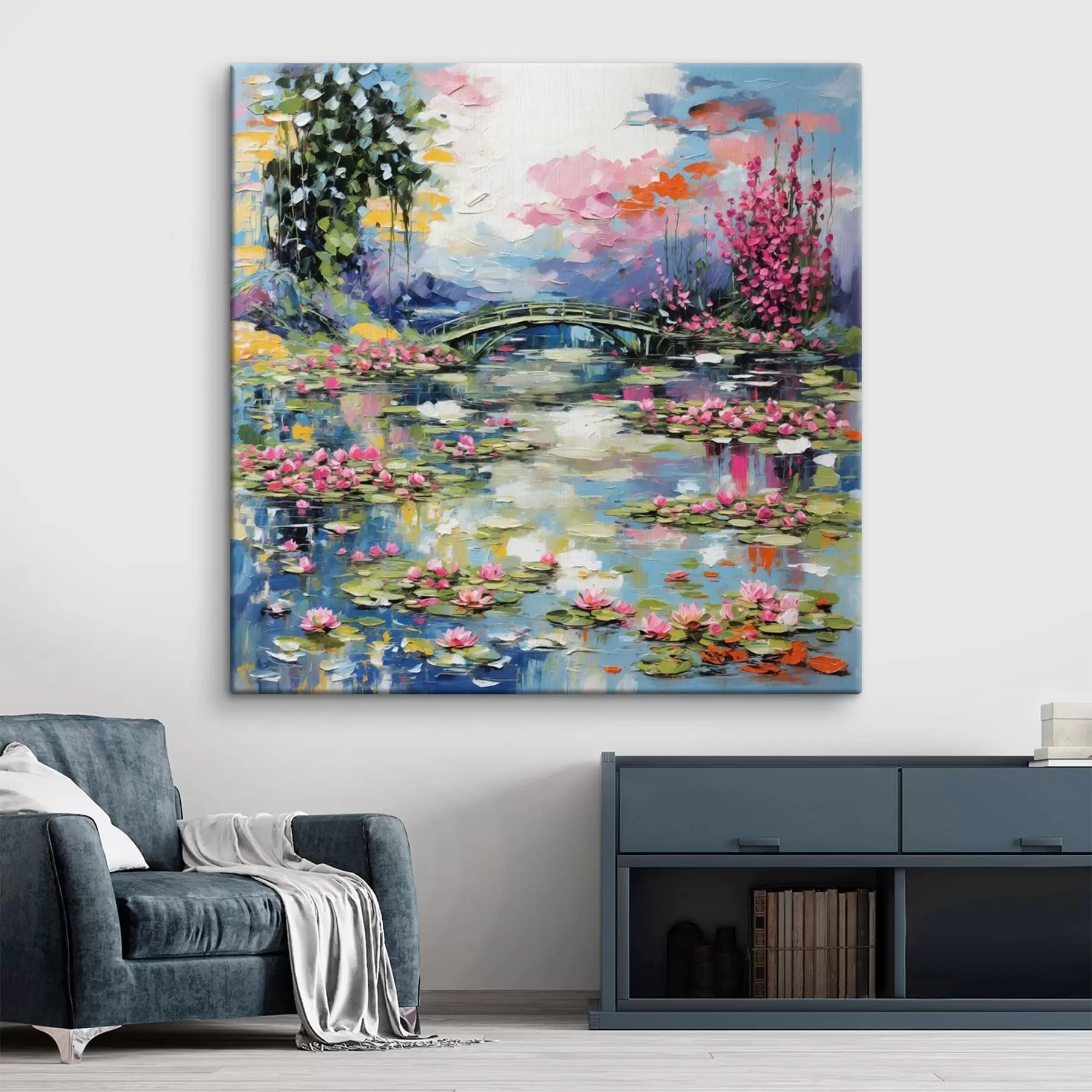  Peintures Pont impressionniste au-dessus d'un étang parsemé de nénuphars et de fleurs s48807