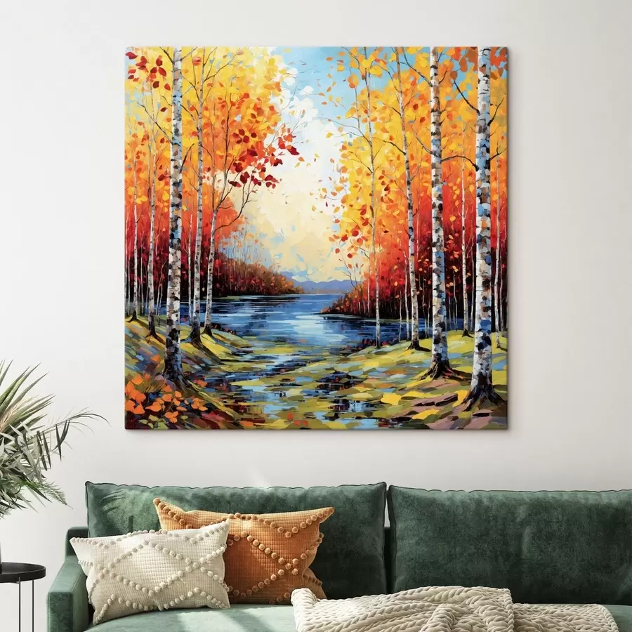  Peintures Impressionnisme : forêt de bouleaux en automne avec une rivière s48809
