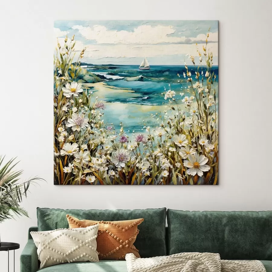  Peintures Impressionnisme : bord de mer avec voilier et fleurs s48813