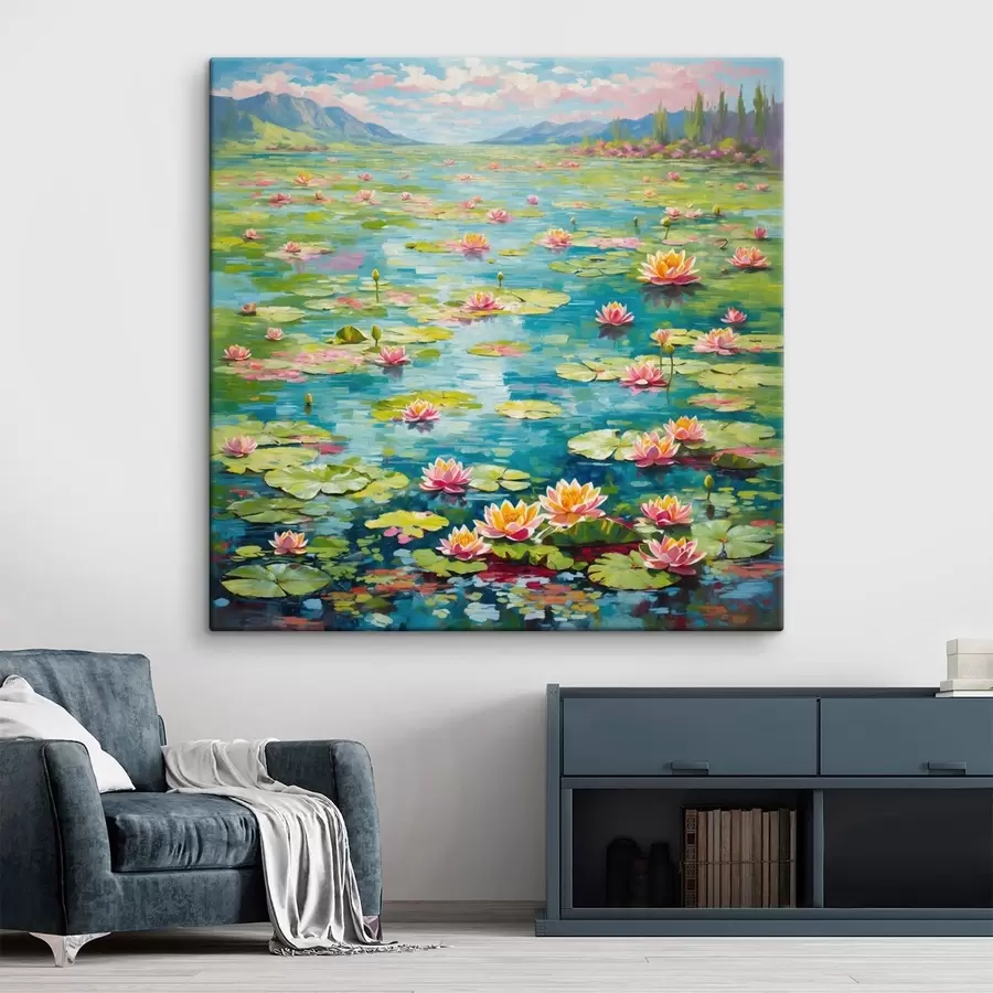  Schilderijen Impressionisme: lelievijver met bergen in de verte s48820