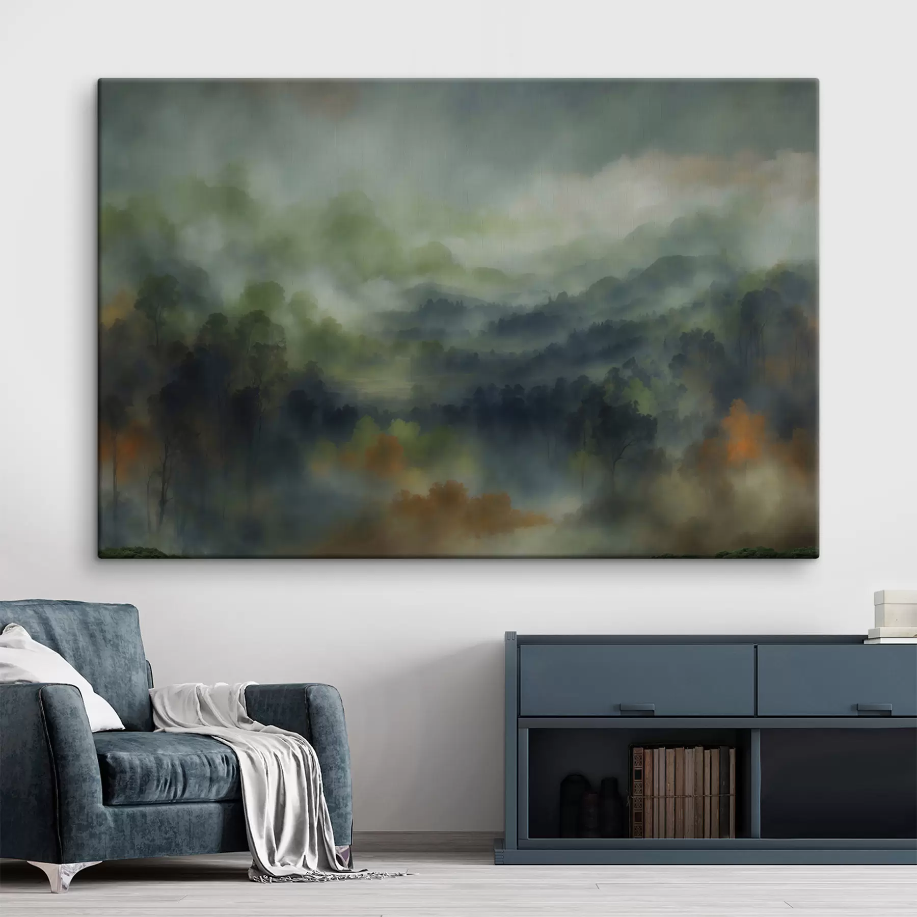  Peintures Paysage de forêt brumeuse aux tons verts s48821
