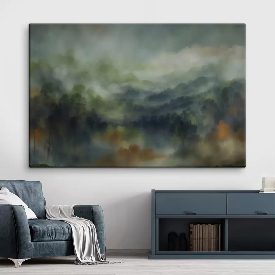  Peintures Paysage de forêt brumeuse aux tons verts s48821