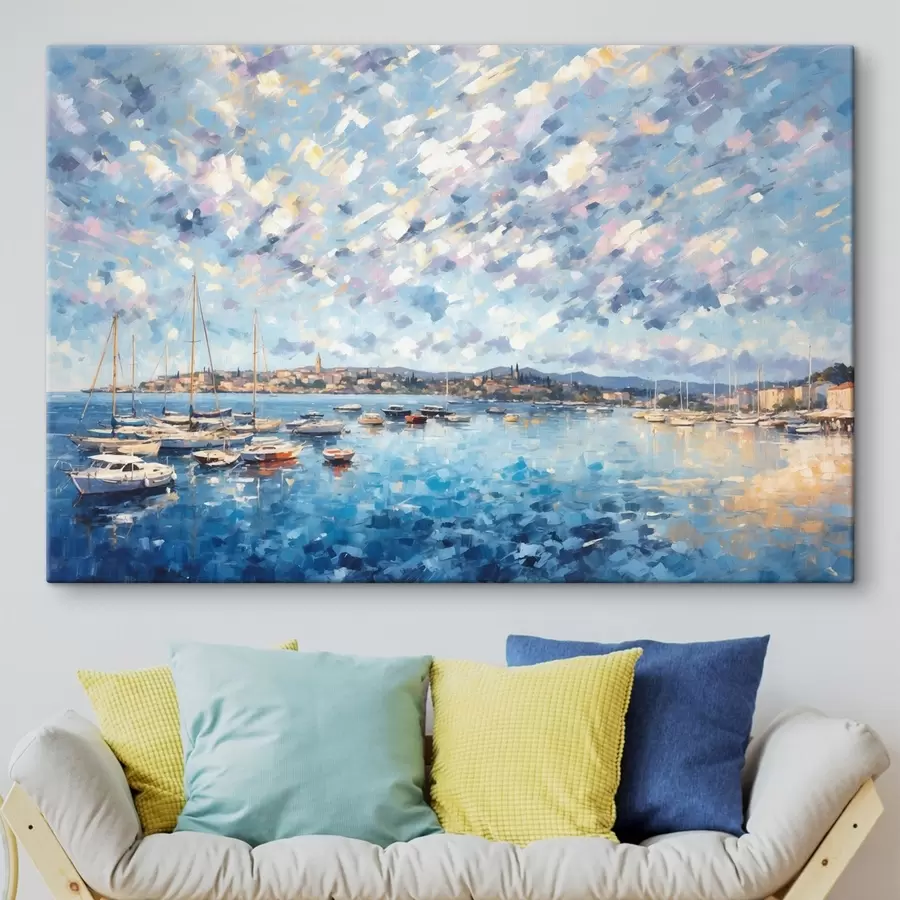 Fotobehang Impressionistisch schilderij van een haven met boten en een stad s48831