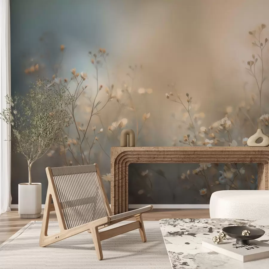 Fotobehang weidegrassen met kleine bloemen tegen een geringe scherptediepte w05386