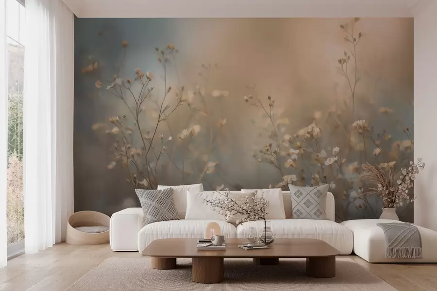 Papier peint photo des herbes des champs aux petites fleurs, mises en valeur par une faible profondeur de champ w05386