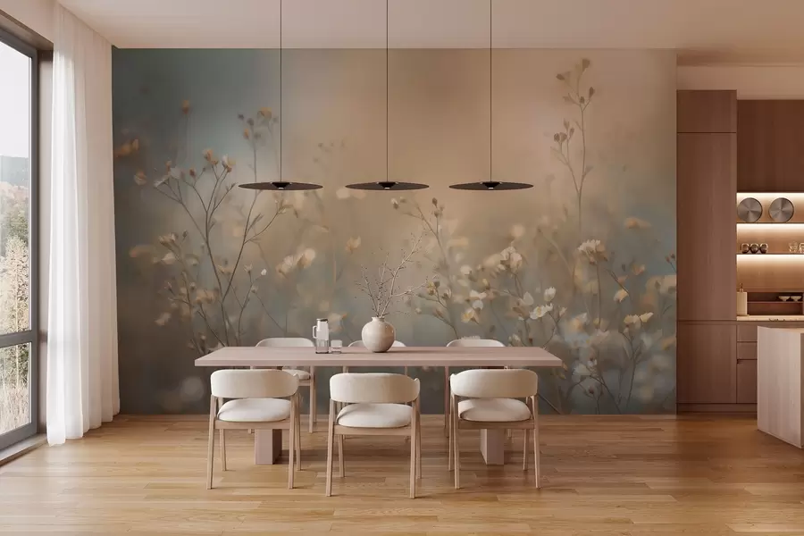 Fotobehang weidegrassen met kleine bloemen tegen een geringe scherptediepte w05386