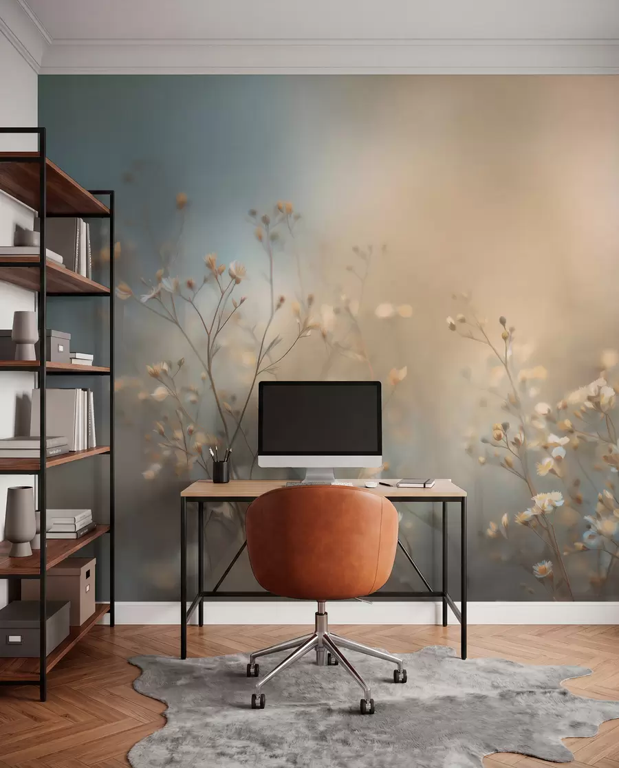 Fotobehang weidegrassen met kleine bloemen tegen een geringe scherptediepte w05386