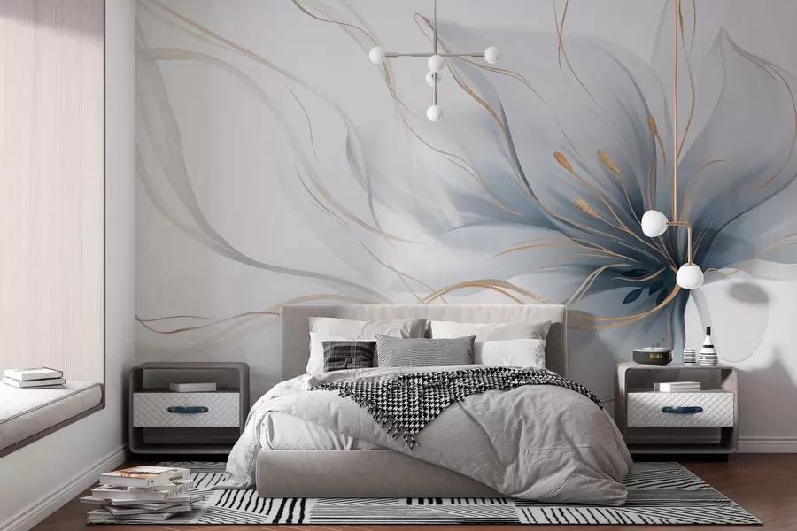 Fotobehang Een abstracte blauwe bloem met vloeiende lijnen in de Fluid Art-stijl w05428