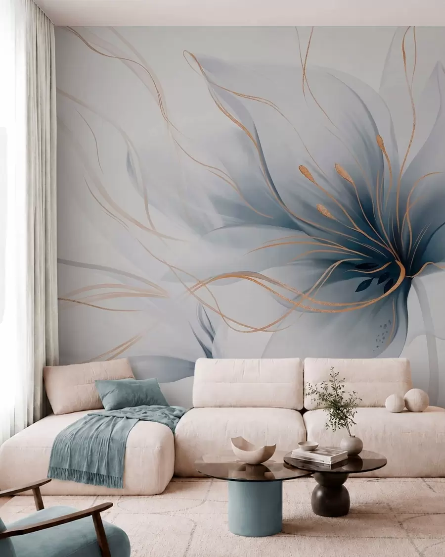 Fotobehang Een abstracte blauwe bloem met vloeiende lijnen in de Fluid Art-stijl w05428