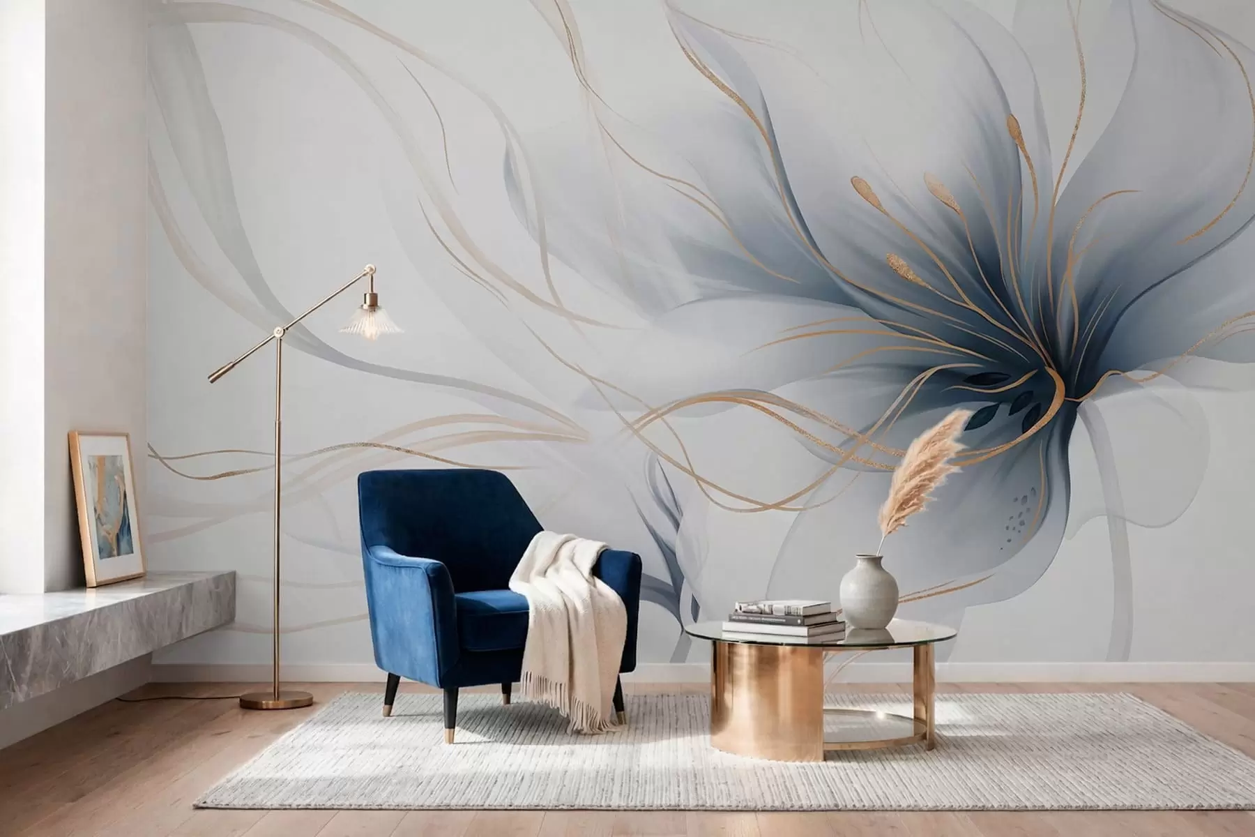 Fotobehang Een abstracte blauwe bloem met vloeiende lijnen in de Fluid Art-stijl w05428