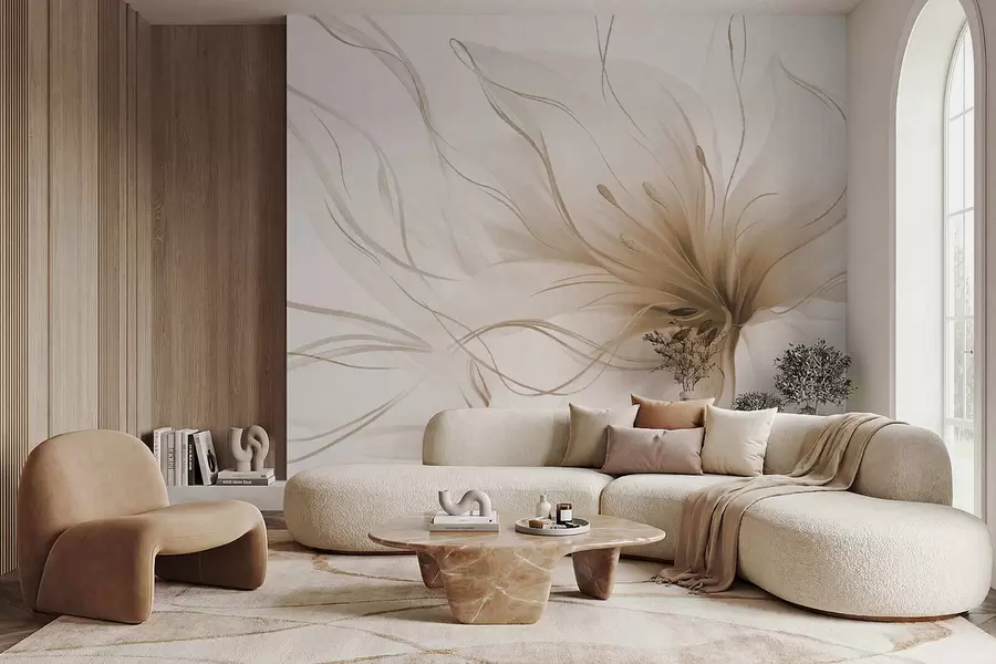 Fotobehang Een abstracte beige bloem met vloeiende lijnen in de Fluid Art-stijl w05428v2