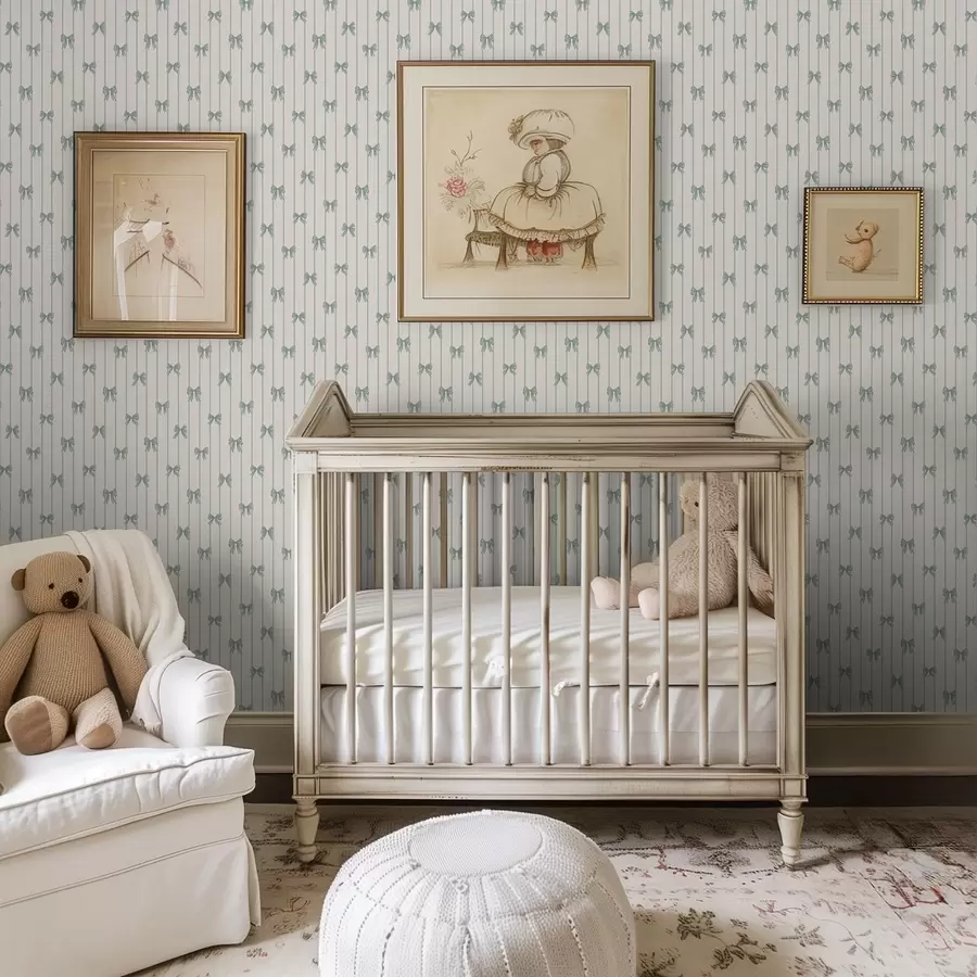 Fotobehang Kleine groene strikjes in strepen op een beige achtergrond a01076v2