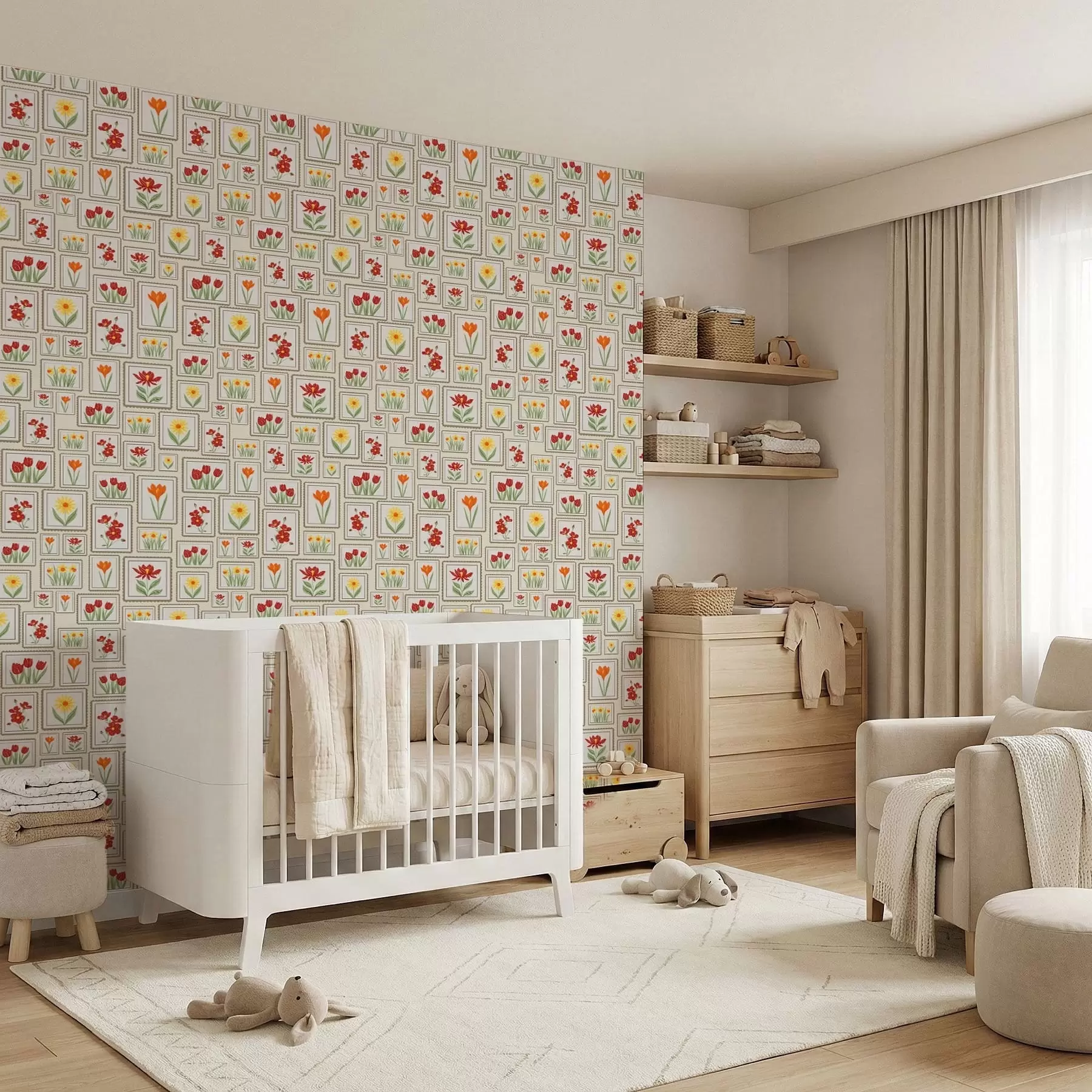 Fotobehang Ingelijste bloemenillustraties in warme tinten a01173