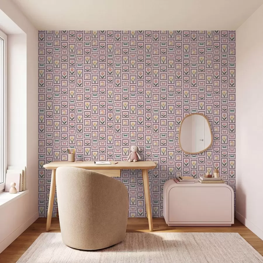 Fotobehang Ingelijste illustraties in lila tinten a01175v1