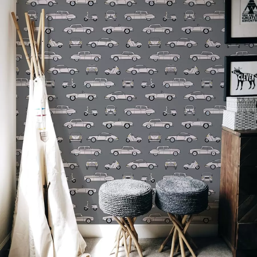 Fotobehang Retro-auto's en -scooters op een donkere achtergrond a01178v3