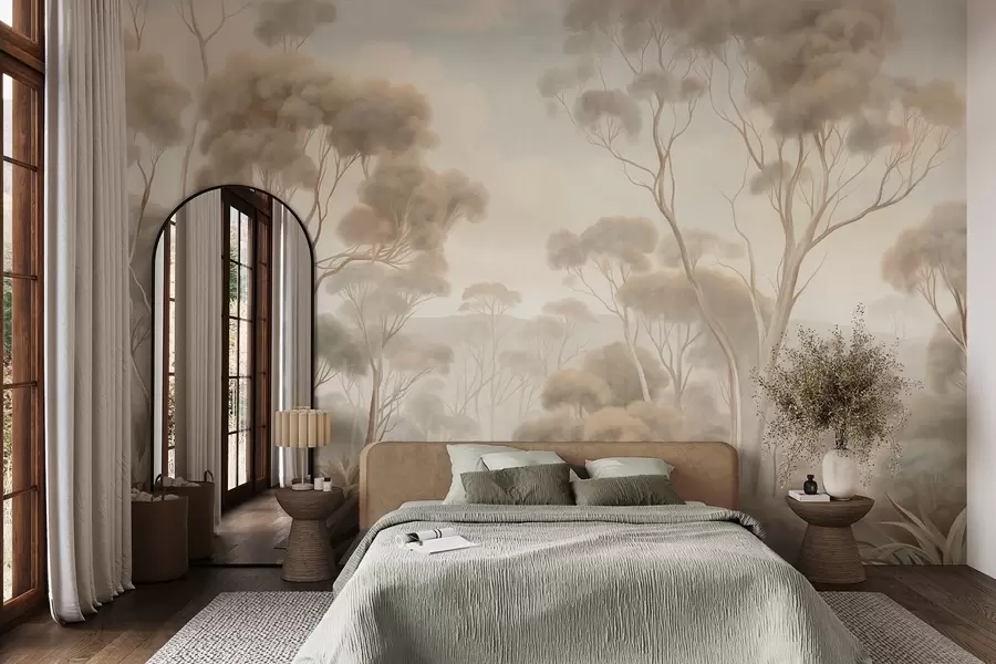 Papier peint photo Un paysage forestier brumeux avec de grands eucalyptus, des collines ondulantes sous un ciel nuageux, illustration texturée w09822