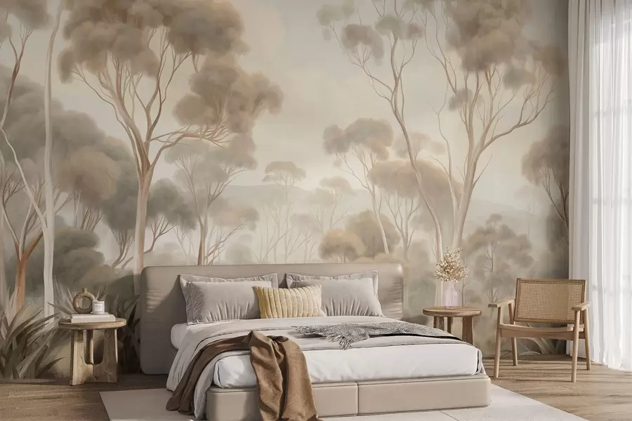 Papier peint photo Un paysage forestier brumeux avec de grands eucalyptus, des collines ondulantes sous un ciel nuageux, illustration texturée w09822