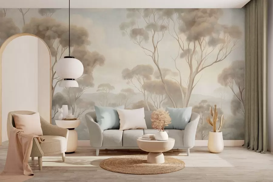 Fotobehang Een mistig boslandschap met hoge eucalyptusbomen, met glooiende heuvels onder een bewolkte hemel, een kunstwerk met textuur w09822