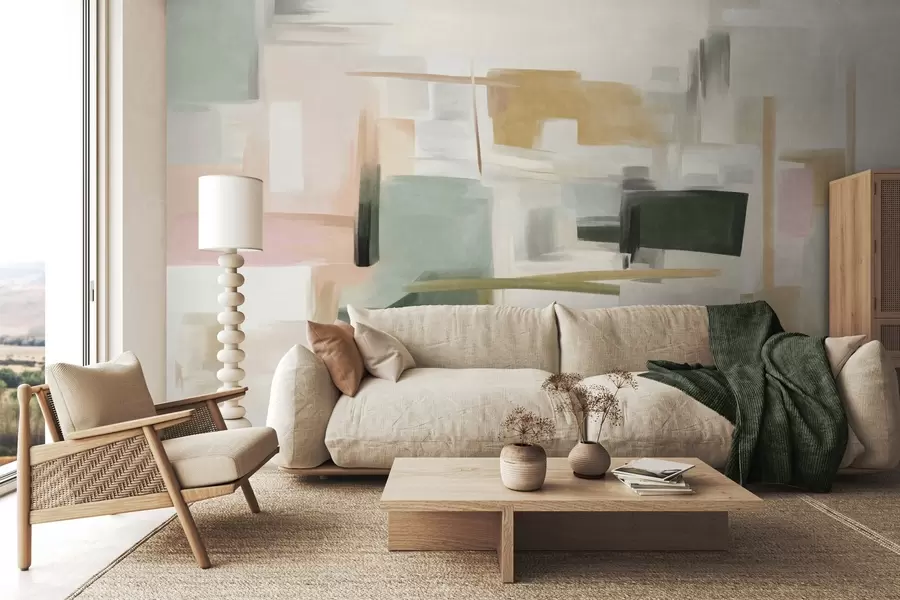 Fotobehang Een abstracte, minimalistische schilderstijl met zachte pasteltinten, geometrische vormen en lijnen w09828