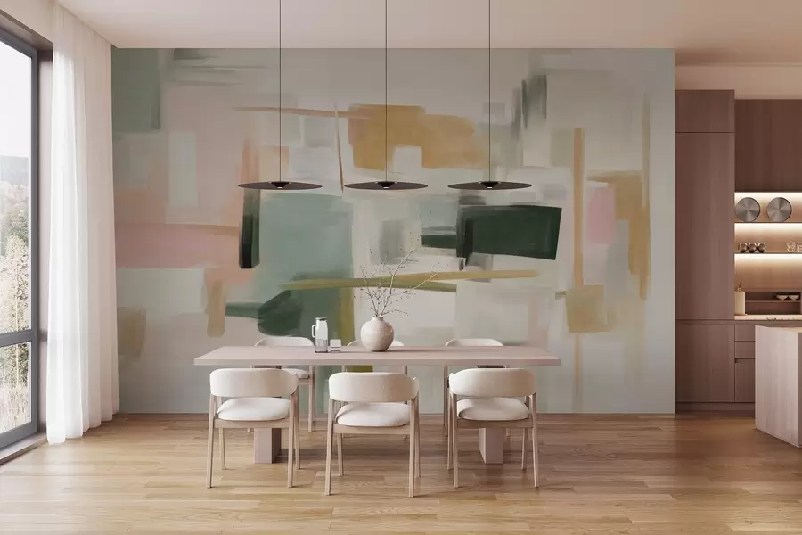 Fotobehang Een abstracte, minimalistische schilderstijl met zachte pasteltinten, geometrische vormen en lijnen w09828