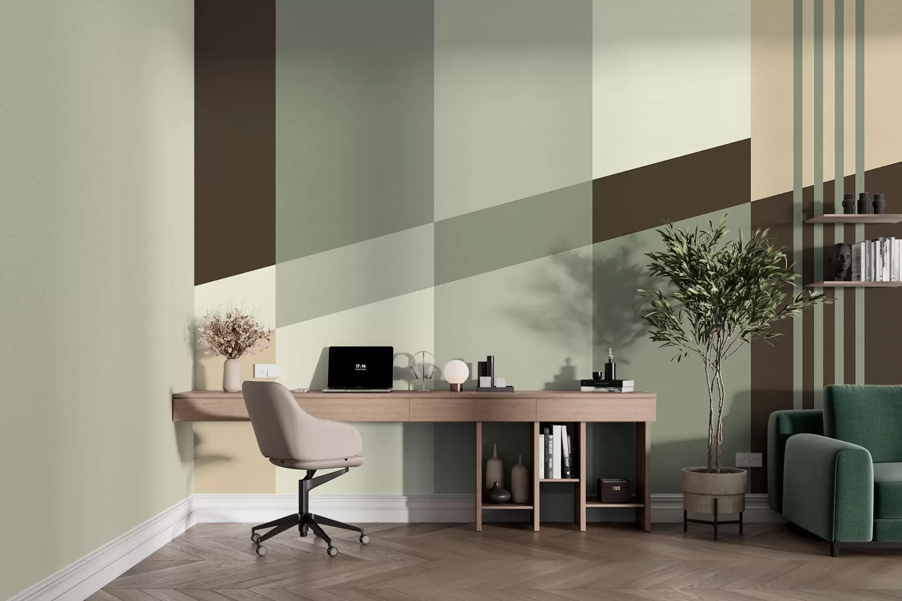 Fotobehang Ingetogen geometrische patronen in olijfgroene, beige en bruine tinten w05390