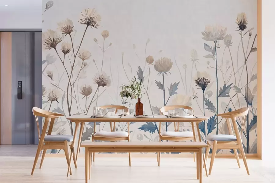 Fotobehang Wilde veldgrassen en bloemen, geschilderd in een landschappelijke stijl tegen een lichte achtergrond w05563