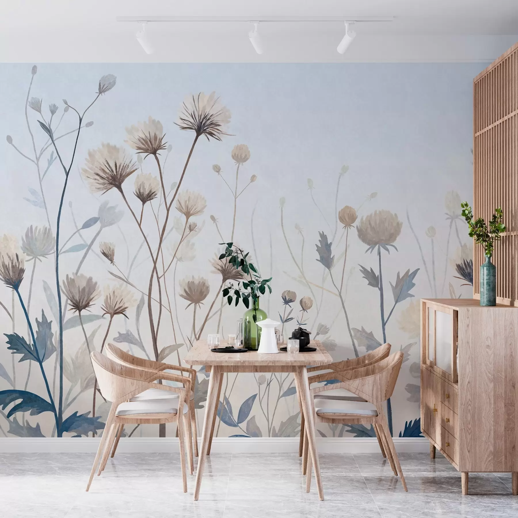 Papier peint photo Des herbes et des fleurs sauvages peintes dans un style pittoresque sur un fond clair w05563