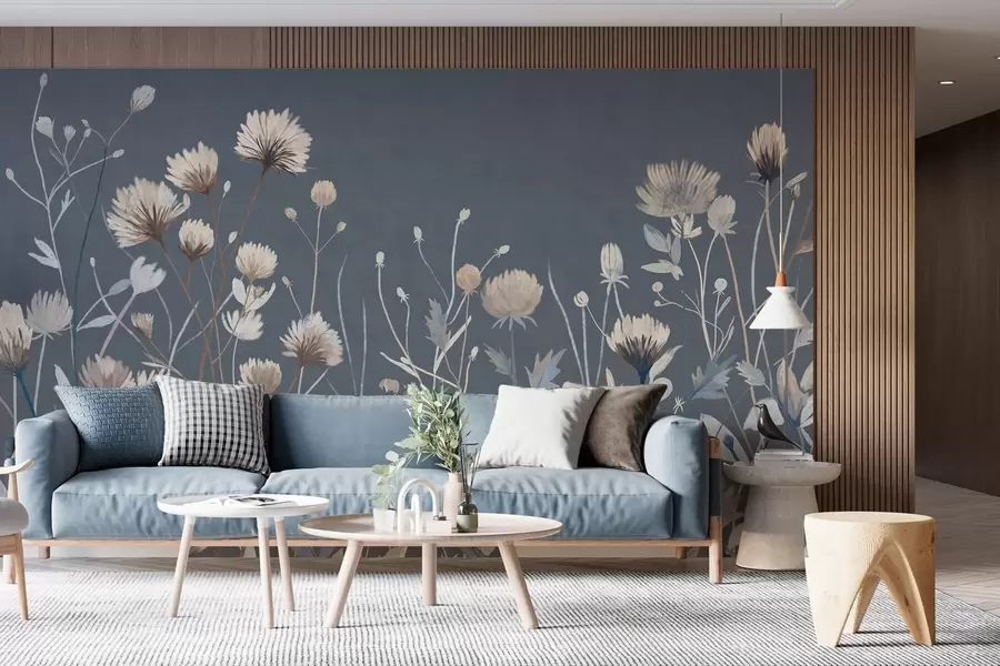 Papier peint photo Des fleurs sauvages et des herbes représentées dans un style pictural sur un fond bleu foncé w05563v1