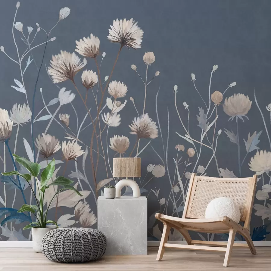 Fotobehang Wilde bloemen en grassen, geschilderd in een schilderachtige stijl tegen een donkerblauwe achtergrond w05563v1