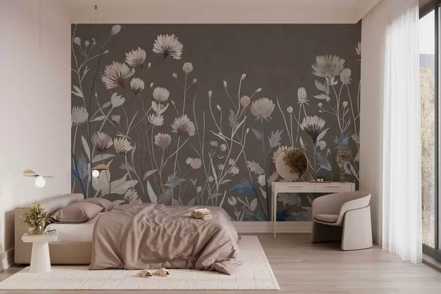 Papier peint photo Des herbes et des fleurs sauvages représentées dans un style pictural sur un fond gris-brun w05563v2