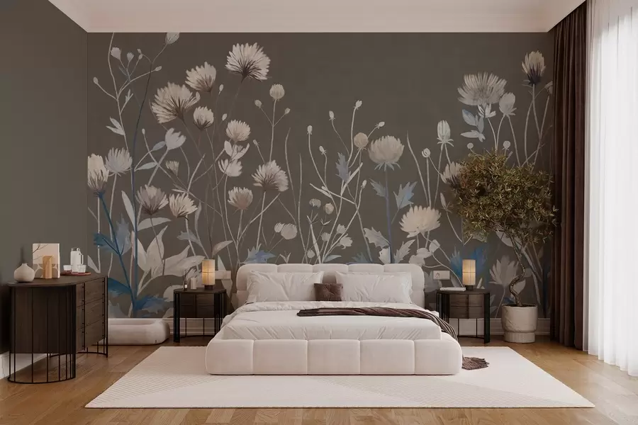 Fotobehang Wilde veldgrassen en bloemen, geschilderd in een schilderachtige stijl tegen een grijsbruine achtergrond w05563v2