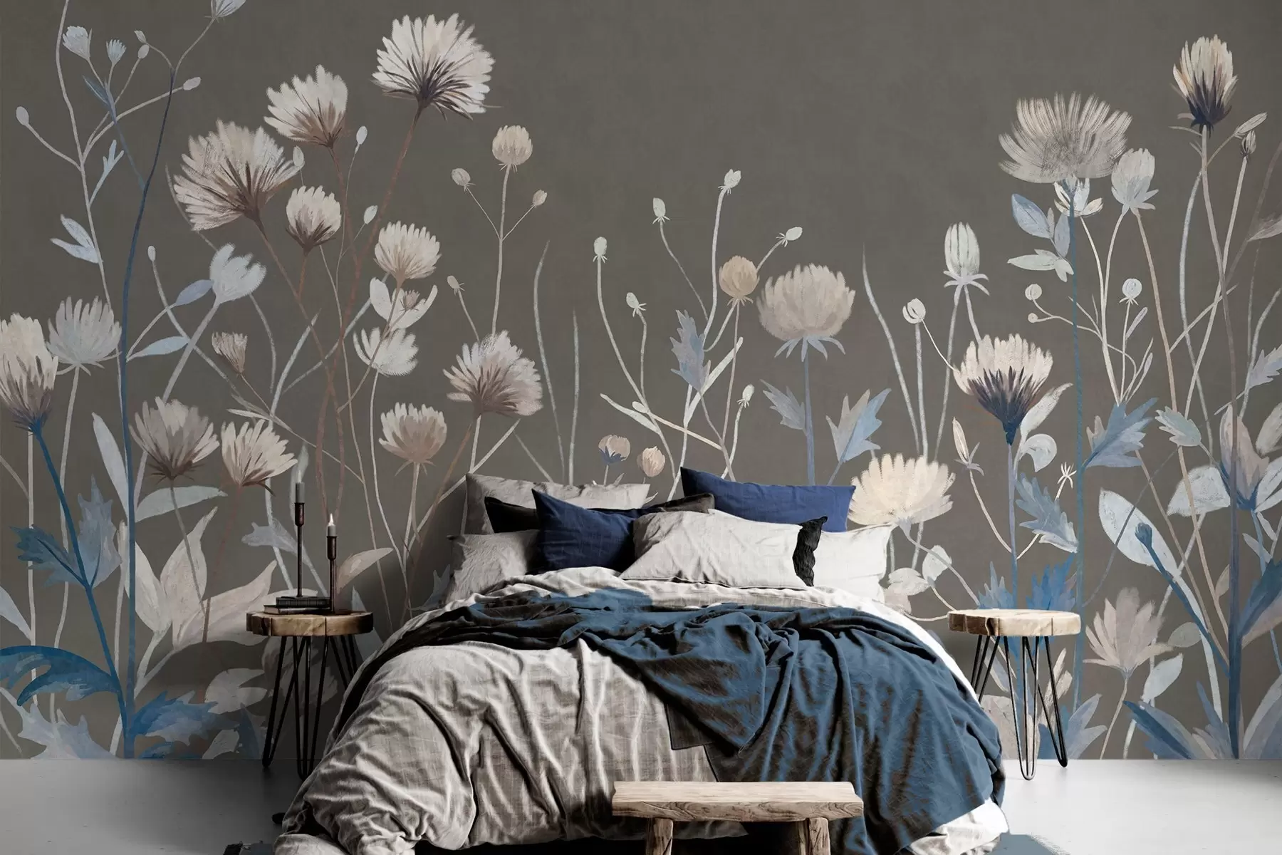Fotobehang Wilde veldgrassen en bloemen, geschilderd in een schilderachtige stijl tegen een grijsbruine achtergrond w05563v2